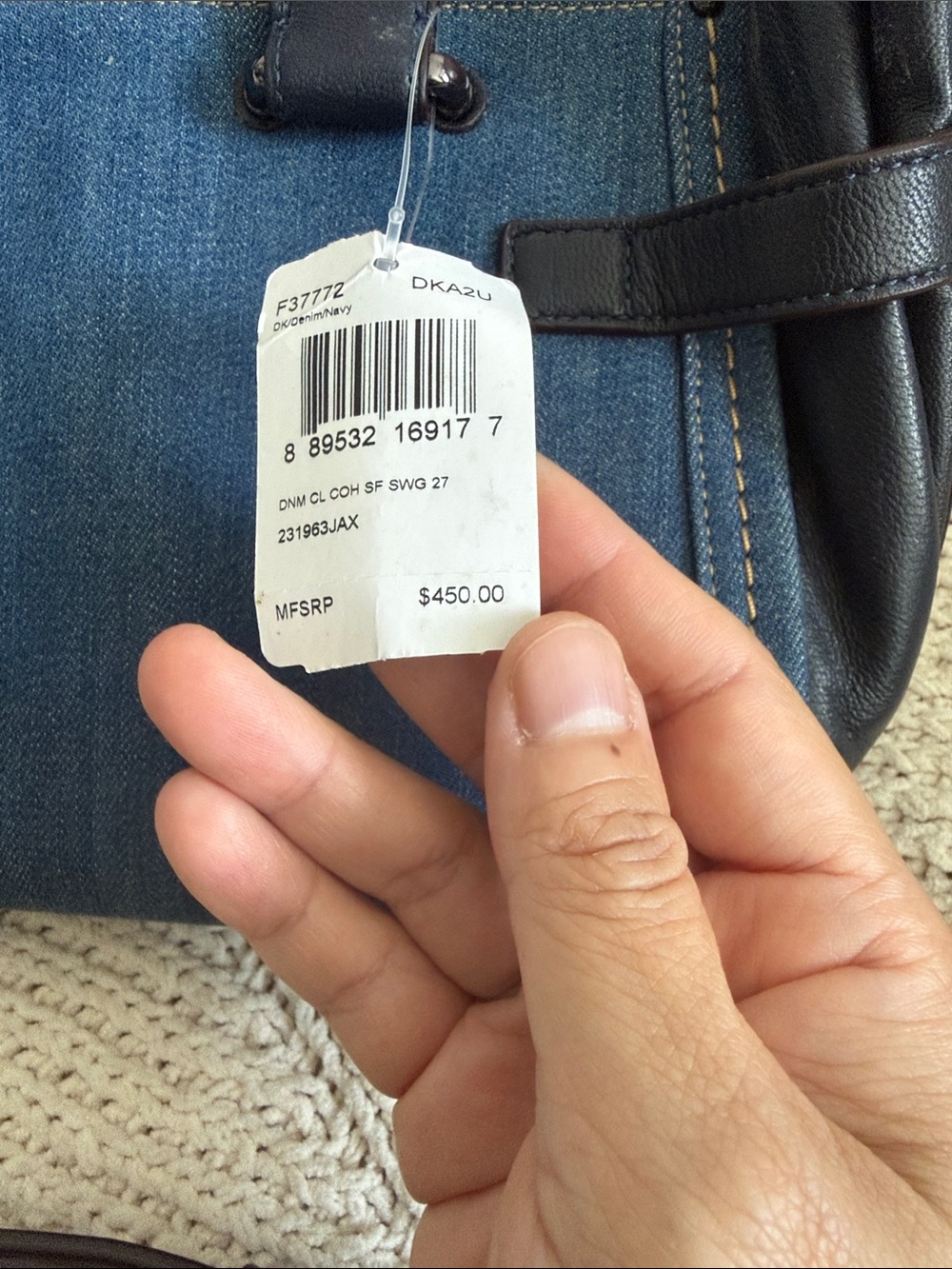Denim and dark nevy Leather Top-Handle Satchel with Brown Trim - Picture 7 of 8